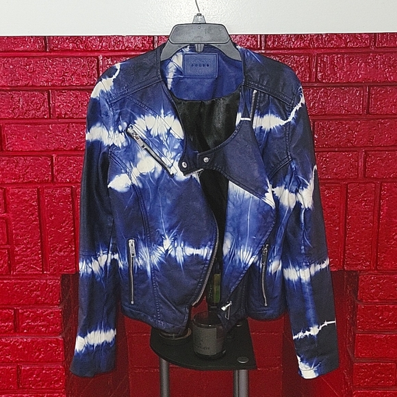 Blank NYC Vegan Leather Jacket, Tie-dye Blue and White, Size S - Picture 1 of 6